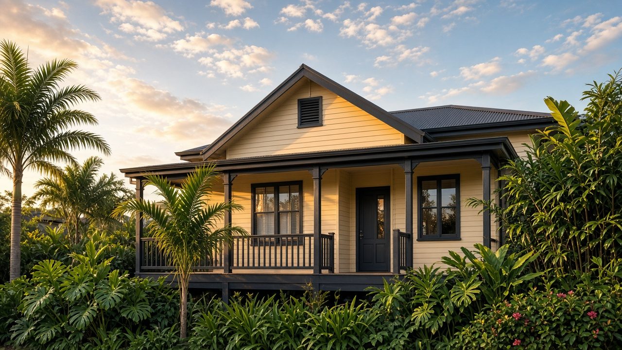 Freshly painted Queensland suburban house exterior at golden hour — hero banner
